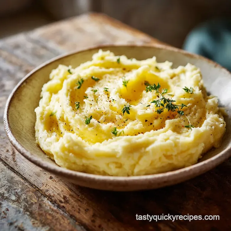 Single serving of smooth mashed potatoes, drizzled with melted butter and fresh herbs, in an elegant white bowl.