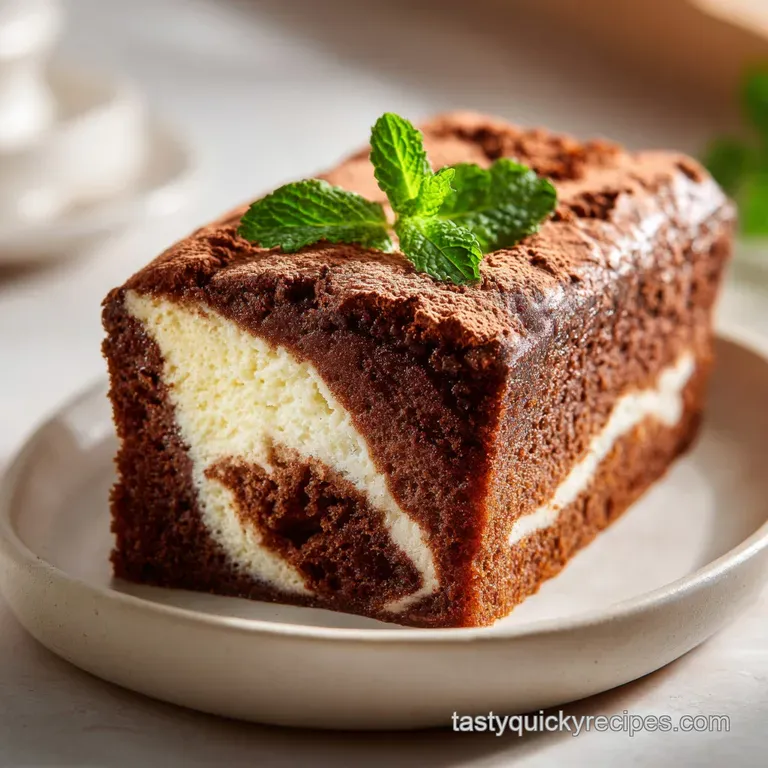 A slice of marbled dessert, showcasing a smooth, dark chocolate against a pale vanilla base, on a white plate.