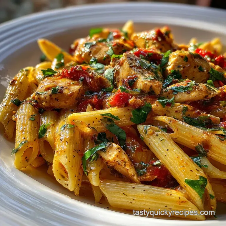 A forkful of creamy pasta twirled high, showcasing tender chicken and vibrant sun-dried tomatoes against a white plate.