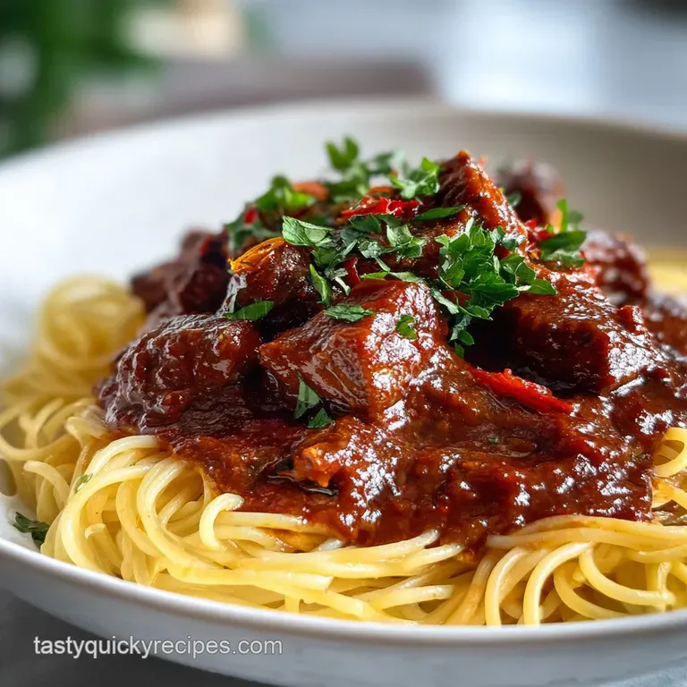 Glossy lasagna meat sauce, ladled over tender pasta. Fresh herbs, a light sprinkle of Parmesan, and a warm, inviting aura.