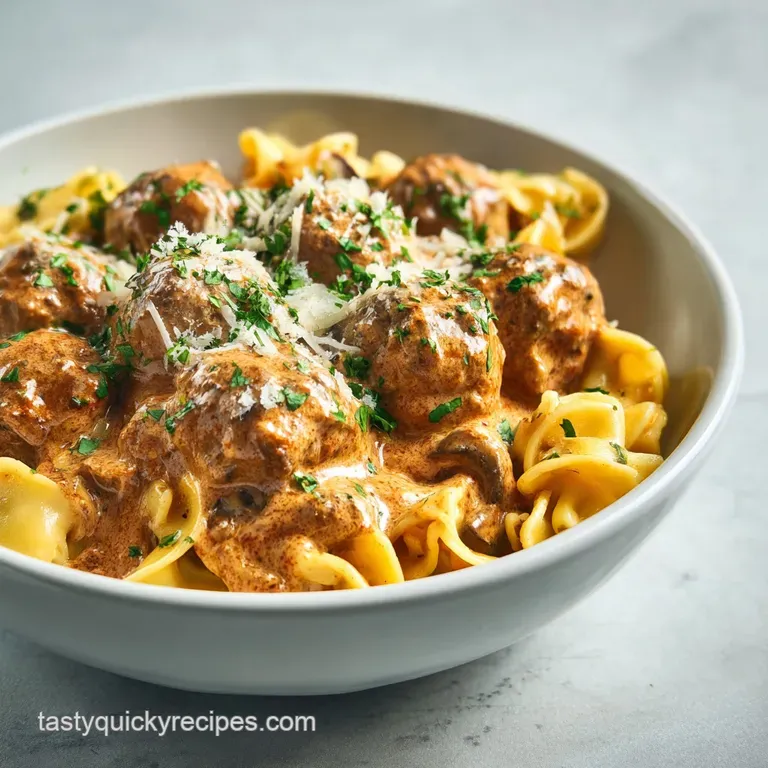 A spoonful lifting tender meatballs coated in shimmering cream sauce, plated beside fluffy egg noodles and fresh parsley.