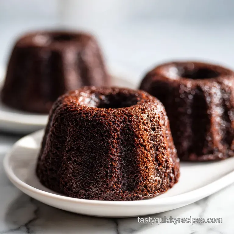 A single rich chocolate mini cake on a white porcelain plate, topped with a fresh raspberry and mint leaf.