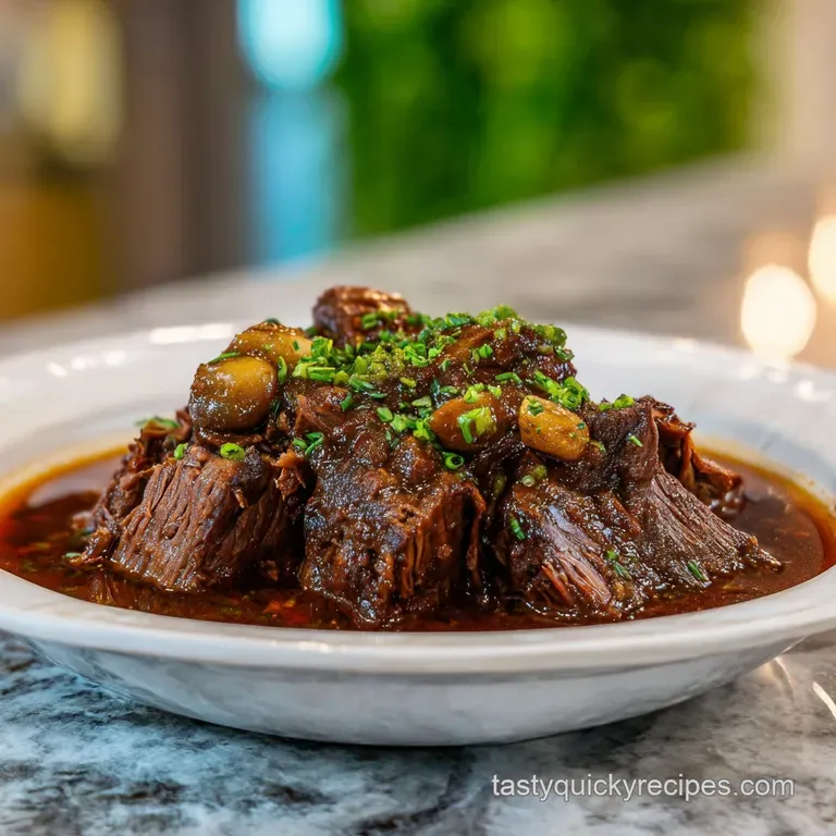 Tender shredded pot roast piled high on creamy mashed potatoes, glistening with savory juices and garnished with fresh par...