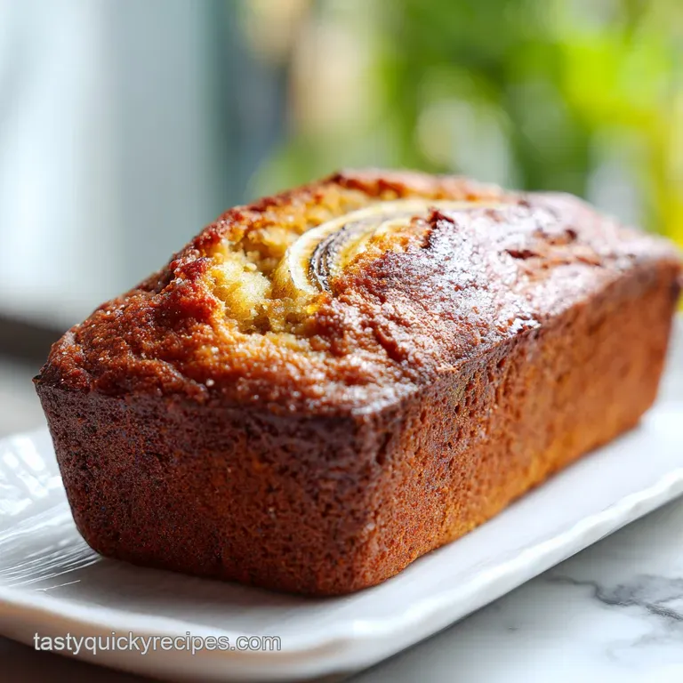 Slice of banana bread with visible banana pieces, hinting at its moistness, topped with a dusting of powdered sugar on whi...