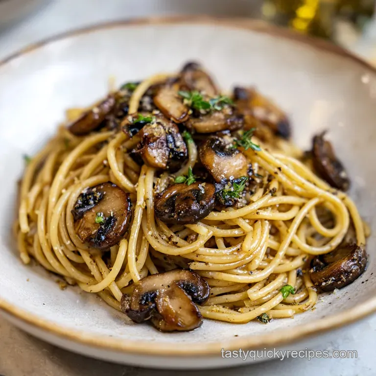 Elegant swirl of pasta topped with earthy brown mushrooms and a dusting of white cheese on a matte ceramic plate.