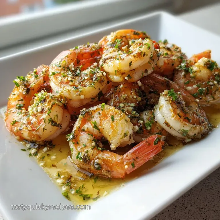 Perfectly plated garlic shrimp with a sprinkle of red pepper flakes, atop a bed of creamy polenta, garnished with fresh th...