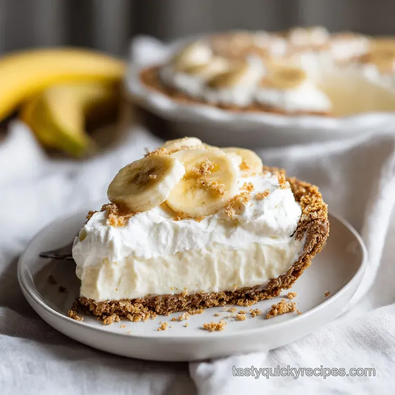 A slice of no-bake banana cream pie, showing its creamy layers and golden meringue, elegantly plated.