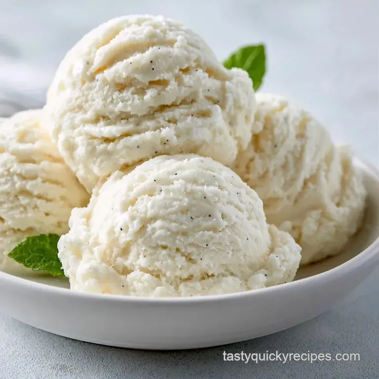 Three scoops of ivory frozen cream in a crystal glass bowl garnished with a fresh mint leaf and honey drizzle.