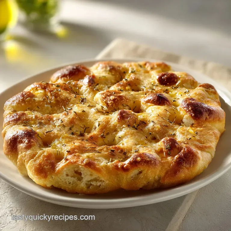 Thick slices of airy, golden bread stacked on a white ceramic platter with a drizzle of olive oil and fresh herbs.