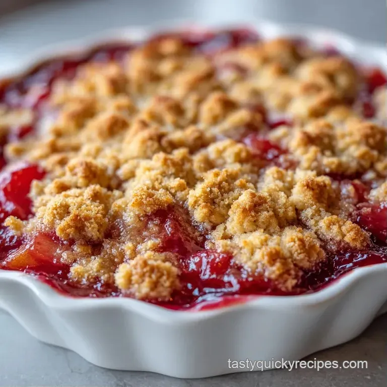 A scoop of tart pink fruit topped with toasted oat crumble and a dollop of cream on a white ceramic plate.