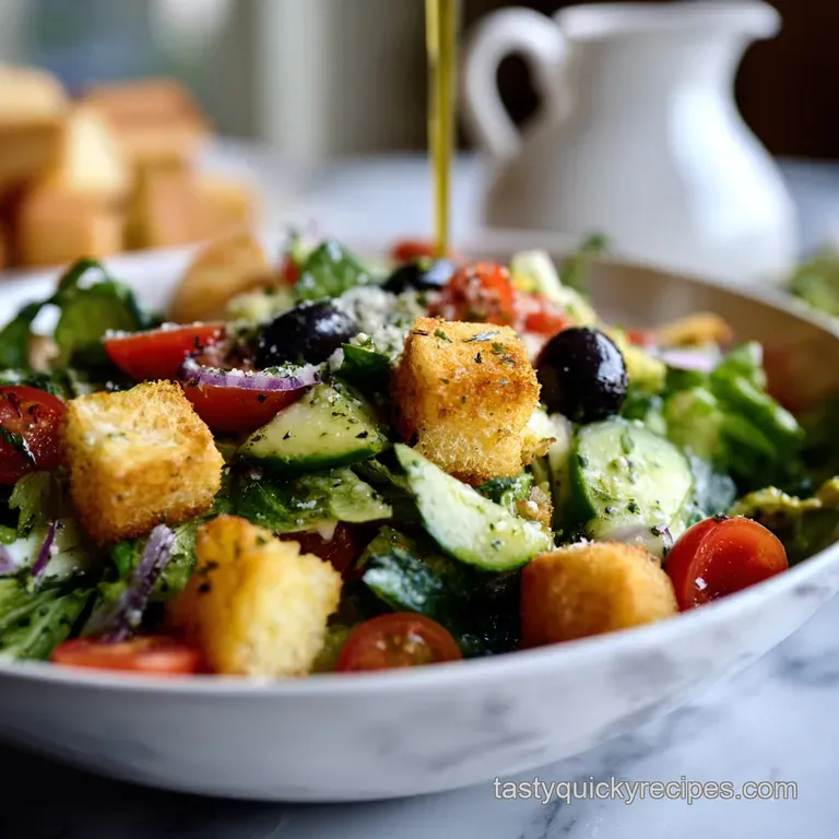 A bright, composed salad: romaine, tomatoes, peppers, croutons artfully arranged; creamy dressing is poured with a steady ...