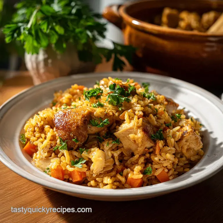 Elegant plate featuring a portion of chicken and rice, garnished with fresh herbs and a lemon wedge, sauce glistening on top.