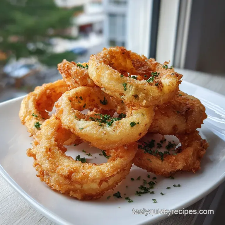 Stack of golden onion rings with a dusting of herbs, arranged artfully around a bowl of creamy dipping sauce.