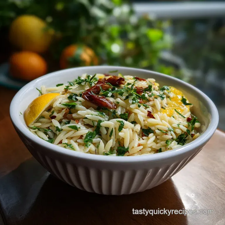 Elegant plate of orzo salad. Shiny pearls of pasta glisten, accented by pops of green herbs and a lemon wedge.