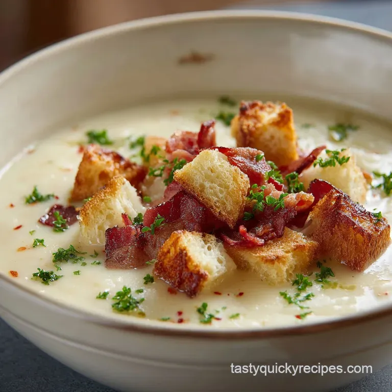 Rich, ivory-colored potato soup in a wide bowl, topped with crispy bacon bits and a swirl of fresh green chives.