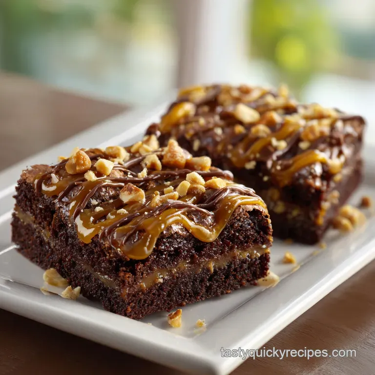 A thick chocolate square on a ceramic plate, drizzled with glossy amber caramel and topped with salted peanuts.