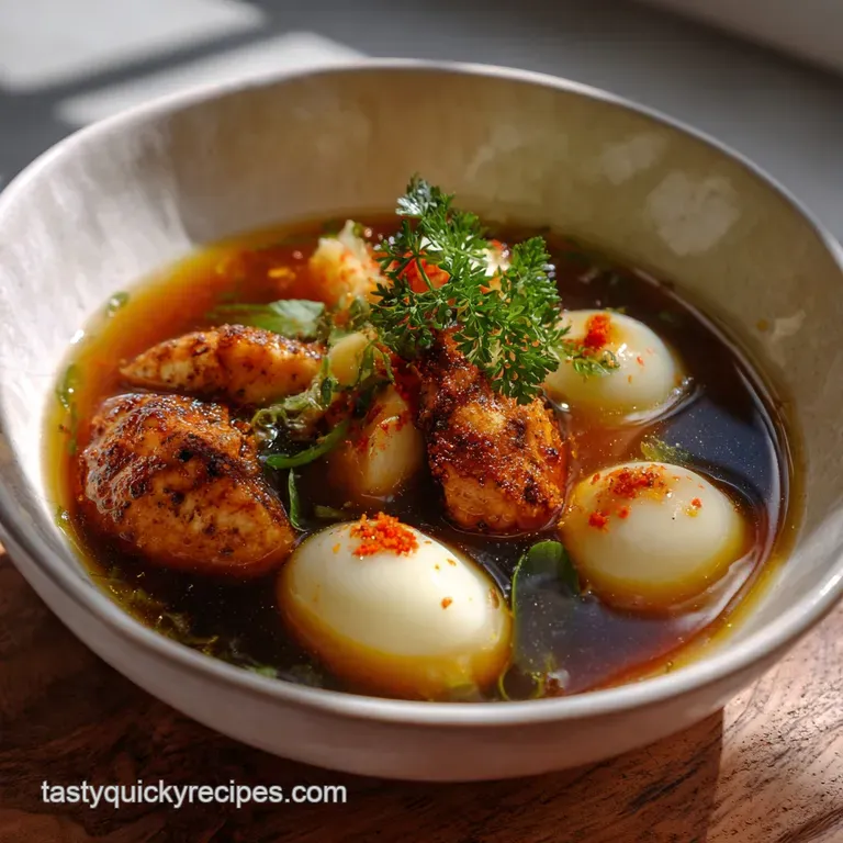 Elegant arrangement of the Japanese dish in a deep bowl, showcasing the glistening mochi and savory broth with a delicate ...