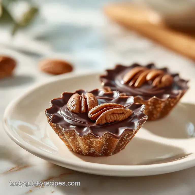 A single pecan lace cup filled with smooth chocolate, dusted with cocoa.