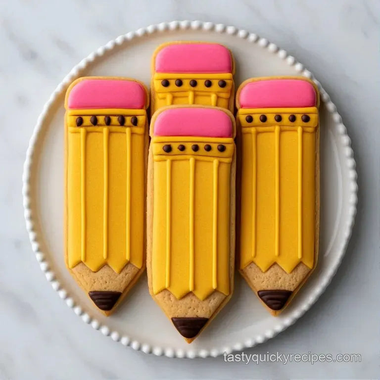 Neatly arranged yellow-hued cookies with pink ends and pointed tips on a rustic wooden board with scattered sugar.