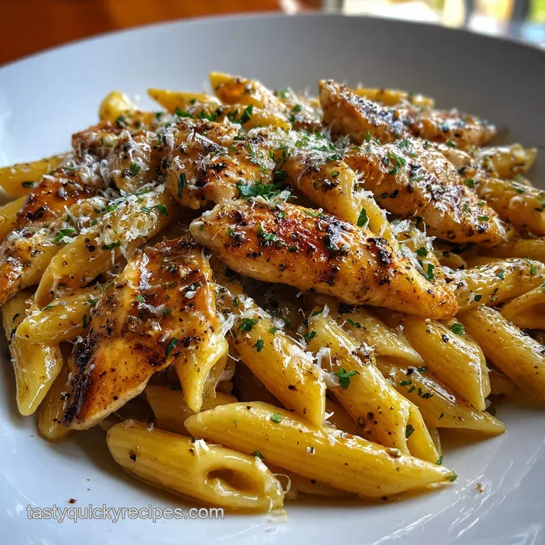 Penne pasta artfully arranged on a white plate, glistening with sauce, garnished with basil and a sprinkle of Parmesan.