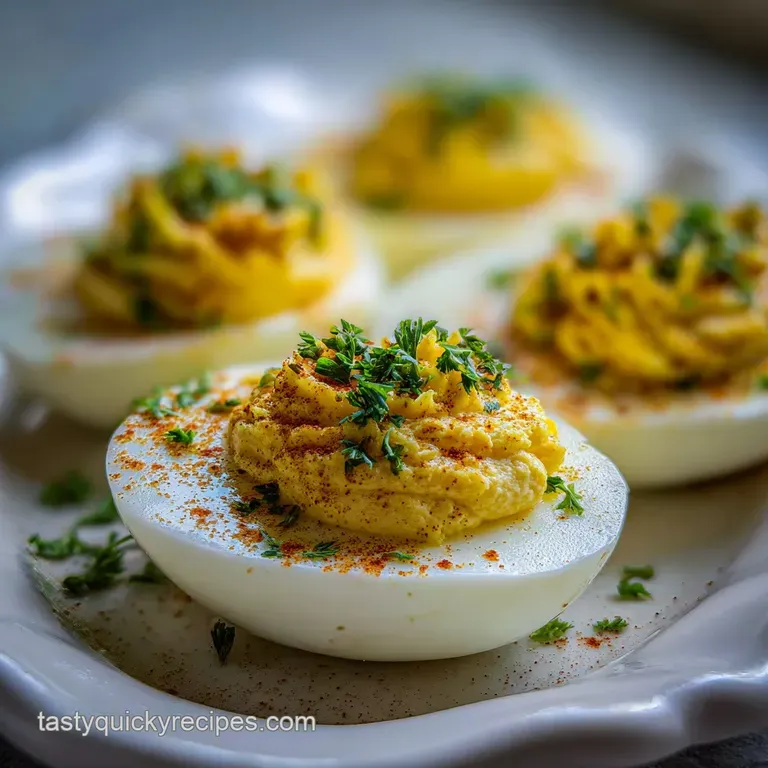 Elegant deviled eggs artfully arranged on a glass plate, garnished with dill sprigs, showcasing a smooth, rich filling.