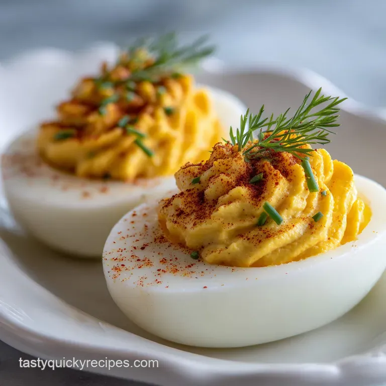 Overhead shot of creamy deviled eggs sprinkled with paprika and fresh herbs on a white platter, inviting and classic.