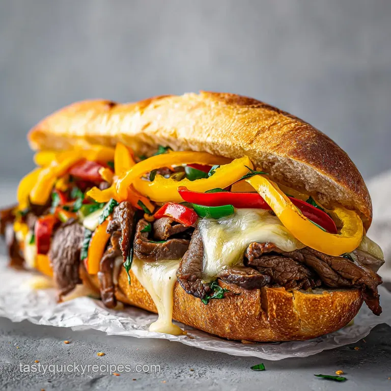 A perfectly golden roll overflowing with tender steak, melted cheese, and vibrant green peppers, artfully sliced.