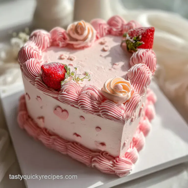 Slice of pink heart cake with creamy strawberry frosting, sits elegantly on a plate, hints of strawberry visible and a sof...