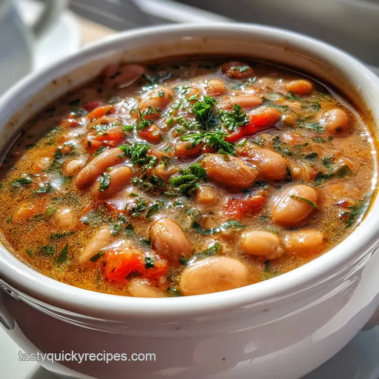 Creamy pinto bean soup in a white bowl, garnished with green cilantro sprigs. A drizzle of olive oil adds shine. Rustic pr...