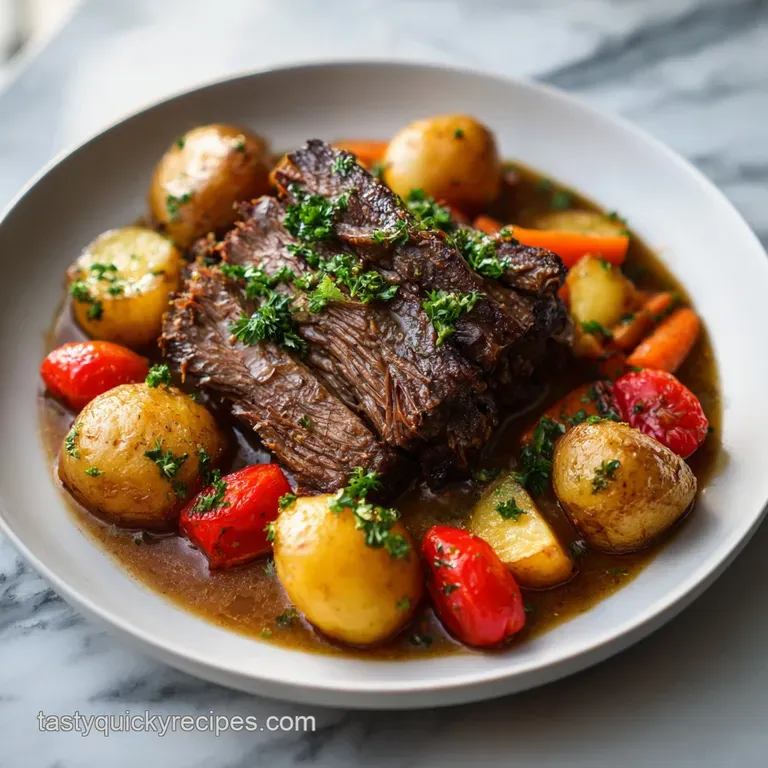 A glistening slice of pot roast with tender, shredded edges, nestled amongst glazed carrots and creamy mashed potatoes on ...