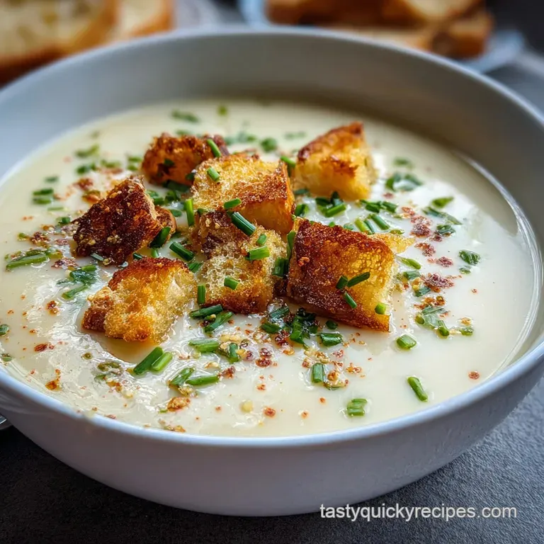 Elegant bowl of steaming potato soup, swirled with cream and garnished with fresh dill sprigs, served on a linen napkin.