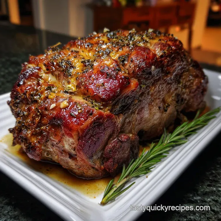 Slices of tender prime rib, fanned artfully on a white plate, alongside roasted potatoes and vibrant, green sprigs of rose...
