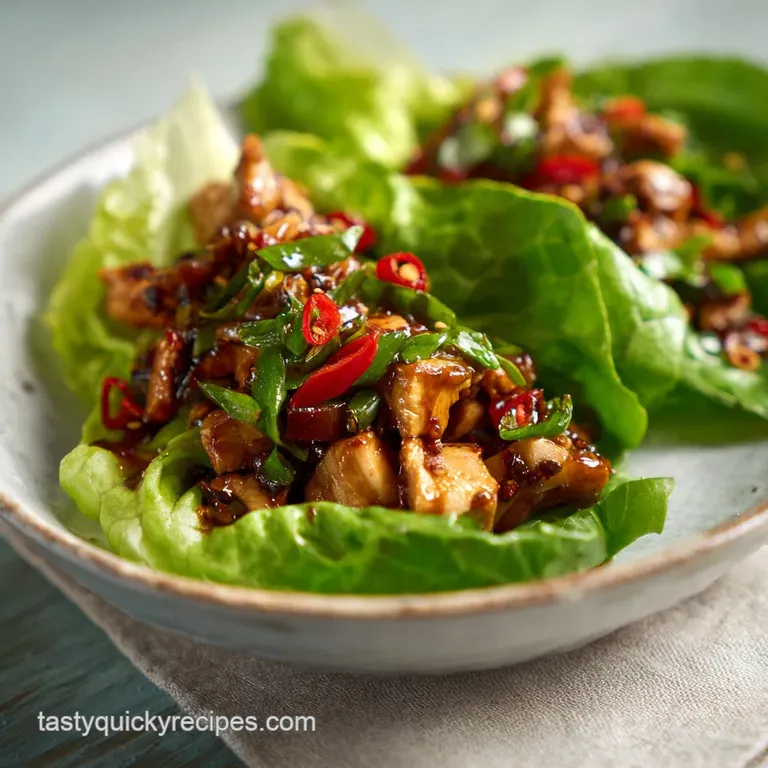 Neatly arranged chicken lettuce wraps on a white plate; glistening savory chicken filling contrasts with fresh green lettu...