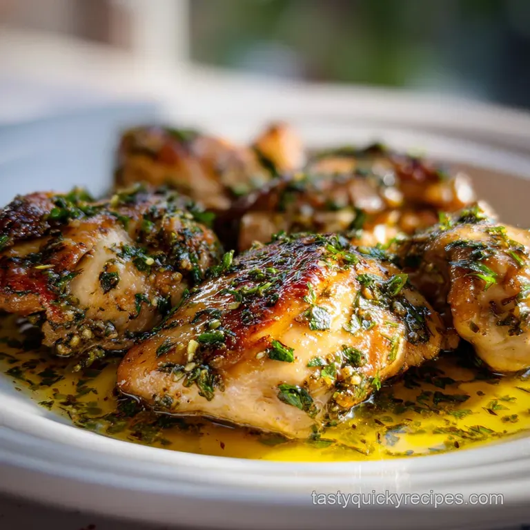 Perfectly arranged plate with juicy chicken, crispy potatoes and vibrant green beans, drizzled with a shimmering sauce; in...