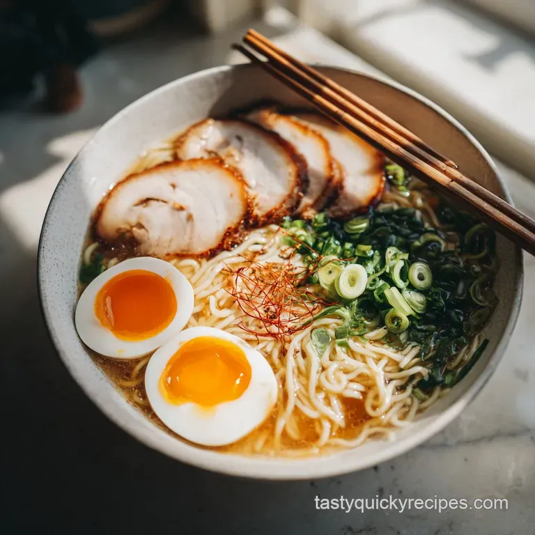 Elegant ramen bowl with glistening broth, artfully arranged toppings, and a sprinkle of sesame seeds on a dark, textured s...