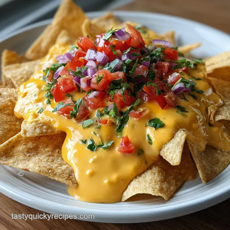 Creamy nacho cheese sauce drizzled artfully over crispy tortilla chips, topped with vibrant green cilantro and diced red t...