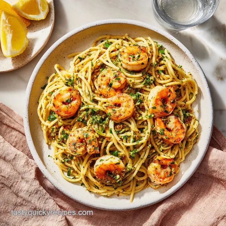 Perfectly plated shrimp pasta: glistening, coiled strands, juicy shrimp, and vibrant green herbs create an inviting, elega...