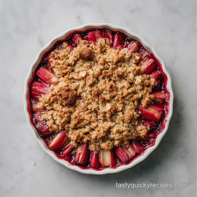 A single scoop of vanilla bean ice cream melting over warm, tart red rhubarb on a minimalist white ceramic plate.