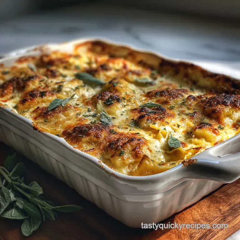 Individual serving of ravioli lasagna, creamy ricotta swirls, bright basil garnish, and a tempting glimpse of layers.