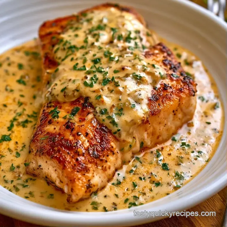An elegant plate with a golden fish fillet resting on a swirl of ivory cream sauce and a bright lemon wedge.