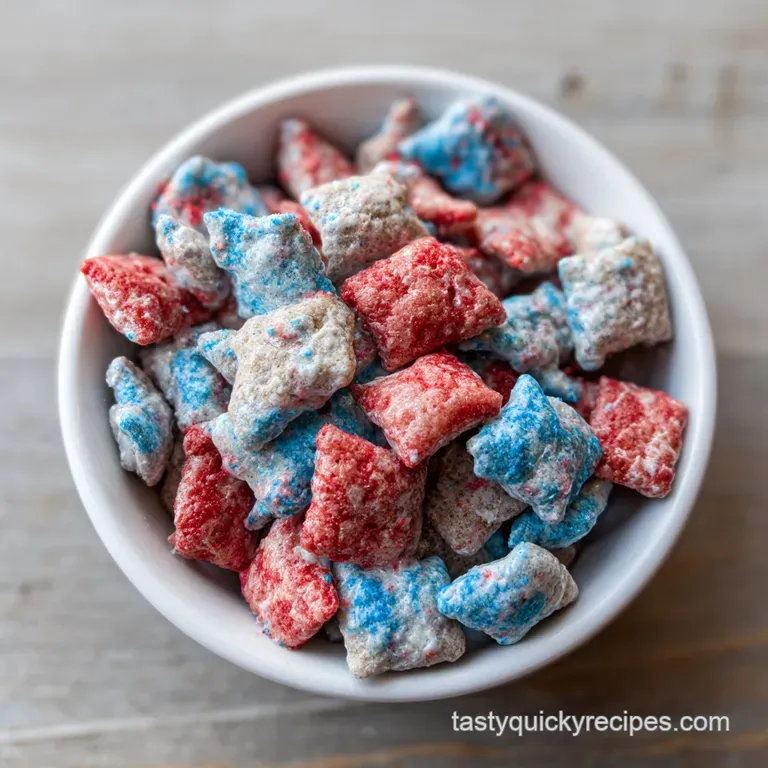 Festive white and blue puppy chow piled high in a rustic wooden bowl, sprinkled with color.