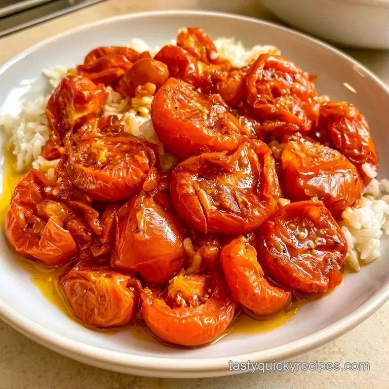 Three vibrant red stuffed tomatoes arranged on a white ceramic plate with a drizzle of olive oil and fresh herbs.