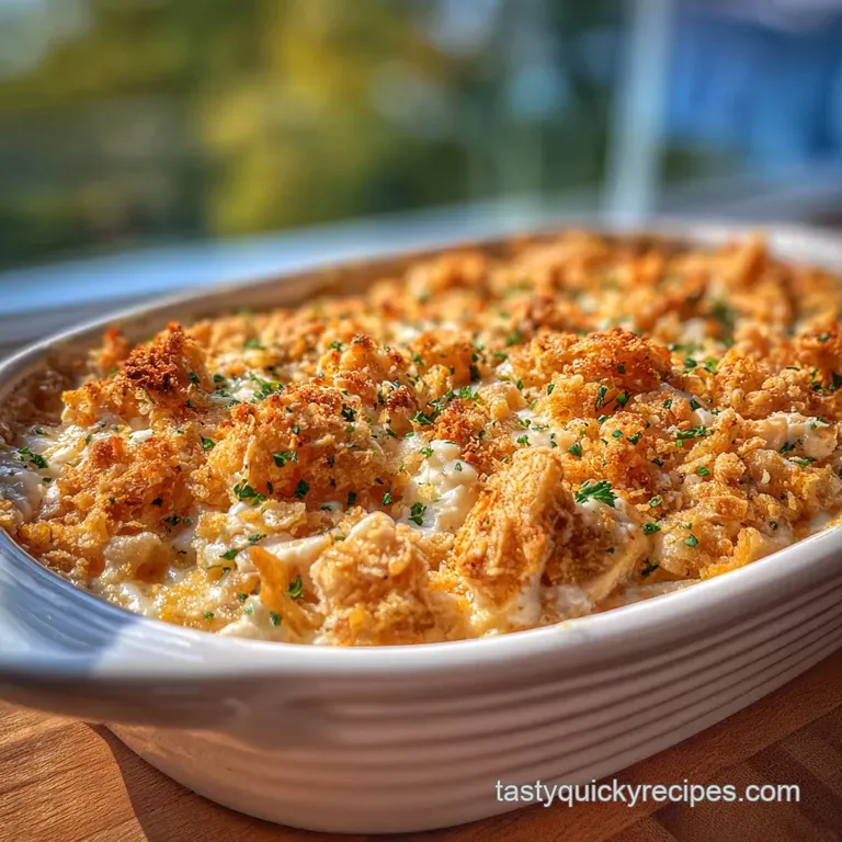 Creamy, golden-brown casserole with a crispy Ritz topping, served in a white dish with a serving spoon, inviting and warm.