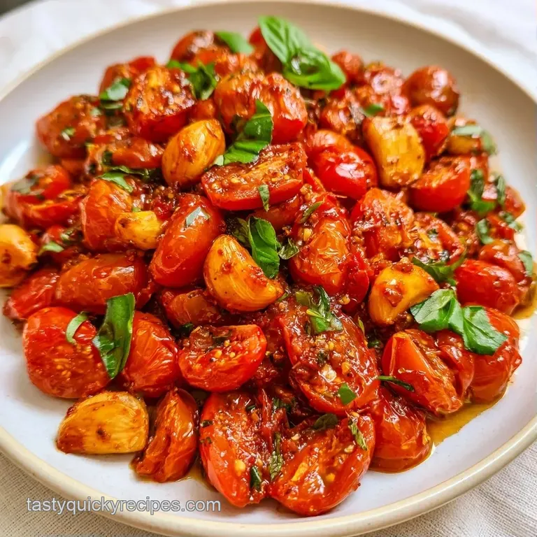 Glossy red tomato sauce swirled on a white plate, topped with a sprig of basil and a drizzle of golden olive oil
