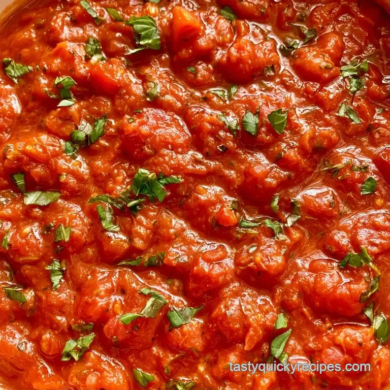 Glossy red sauce drizzled over al dente pasta, topped with a sprig of basil and shaved parmesan on a white plate.