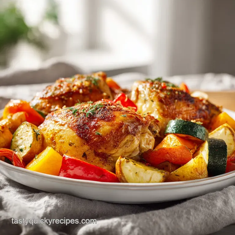 Juicy chicken breast with crispy skin sits atop a colorful medley of tender roasted vegetables on a white plate.