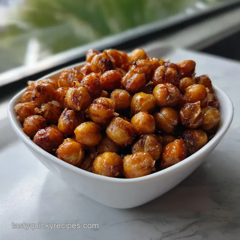 Elegant plate featuring a small mound of crispy, seasoned chickpeas alongside a vibrant green herb sprig. Textural contras...