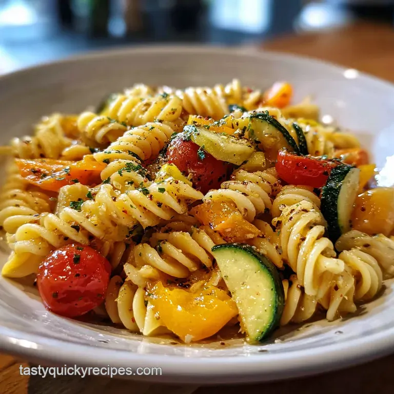 A bright swirl of rotini pasta salad. Creamy dressing coats the pasta, with visible crisp vegetables providing color and t...
