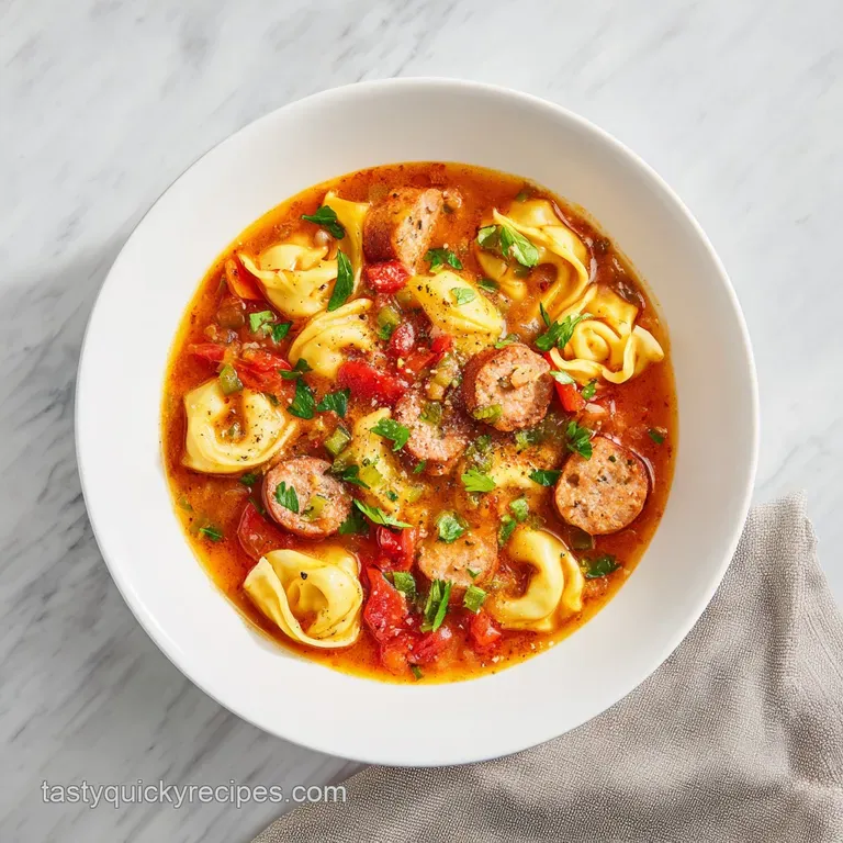 A steaming bowl of savory soup with cheesy tortellini, sliced sausage, and wilted spinach, garnished with fresh herbs.