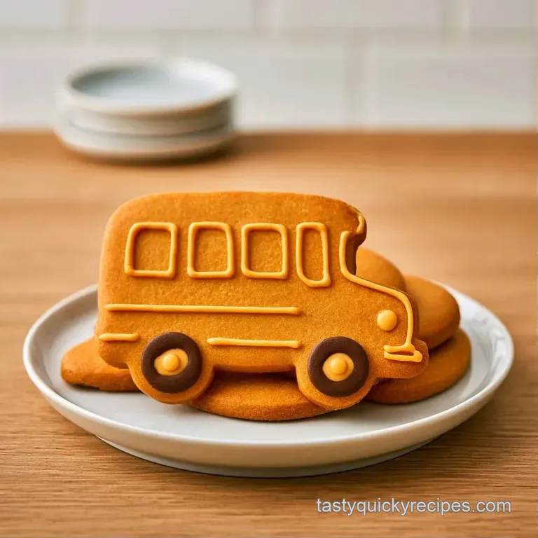 Vibrant yellow bus-shaped cookies on a rustic wooden board with a dusting of powdered sugar and bright sprinkles.